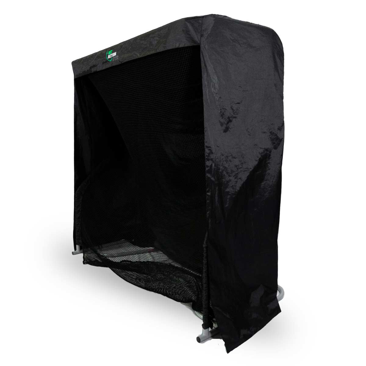 A black, freestanding pitching screen with a sturdy frame and protective netting is shown against a white background.