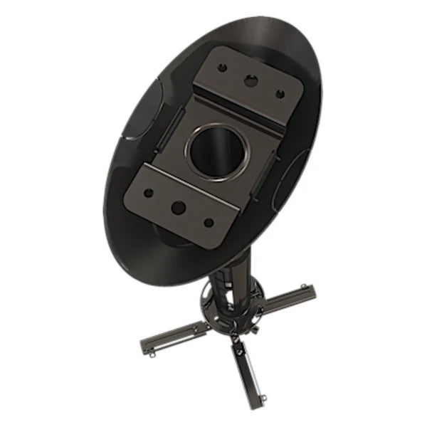 Top view of a black satellite dish with mounting hardware on a stand, designed for internet connectivity.