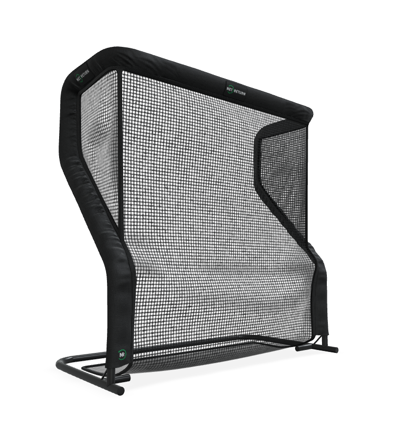 Black and gray sports net with a rectangular frame and mesh netting, designed for practicing sports.