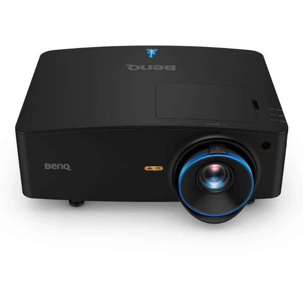 Black BenQ 4K projector with a blue-accented lens, brand logo on top, and control buttons visible.