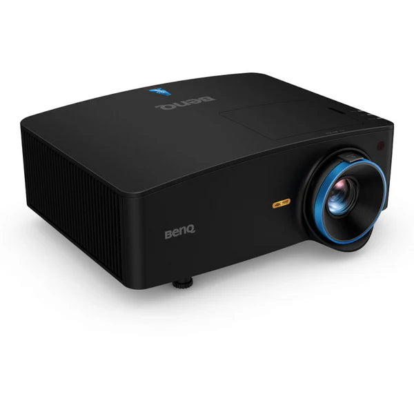 A black BenQ projector with a blue accent around the lens, designed for tabletop use.