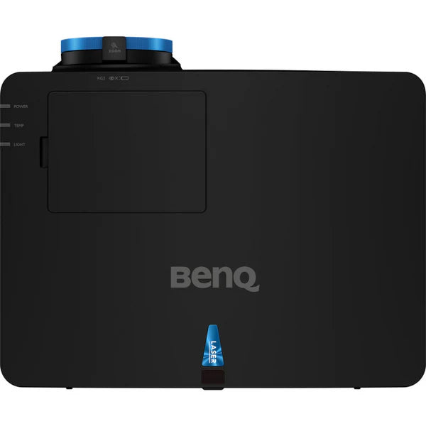 Top view of a black BenQ projector with blue accents and labeled buttons on the side.