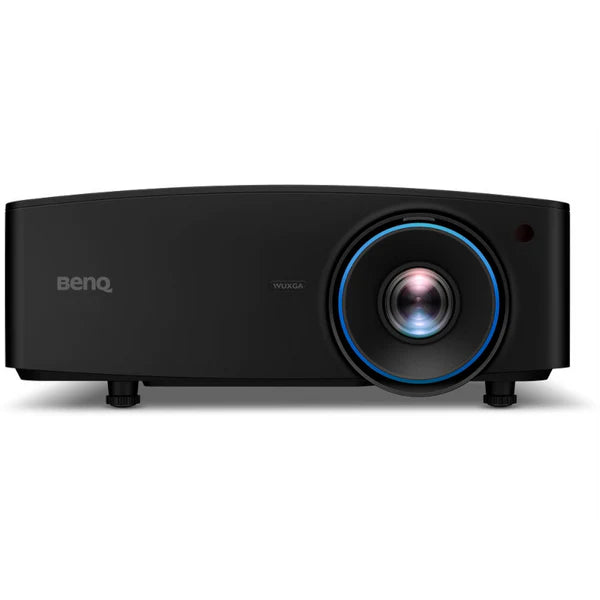 A black BenQ projector with a prominent lens and blue ring on the front, resting on adjustable feet.