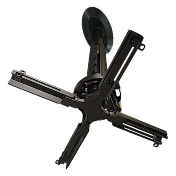 Black ceiling-mounted projector bracket with adjustable arms set against a white background.