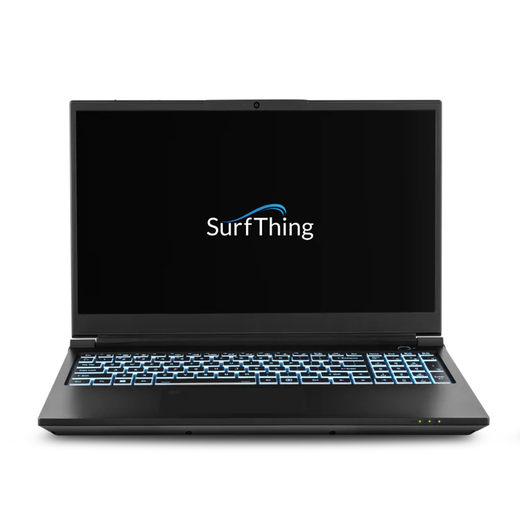 A laptop displaying the logo "SurfThing" on its screen with a glowing blue backlit keyboard.