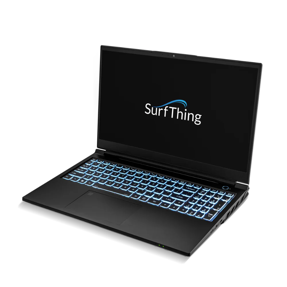 A black laptop with a blue backlit keyboard displays the logo "SurfThing" on its screen.