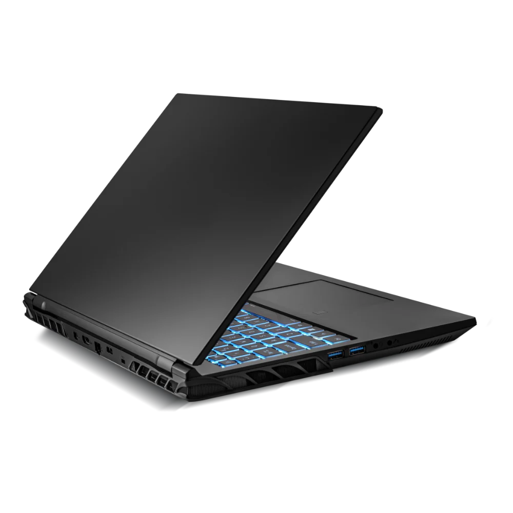 A sleek black laptop partially closed, with a glowing blue keyboard and visible side ventilation.