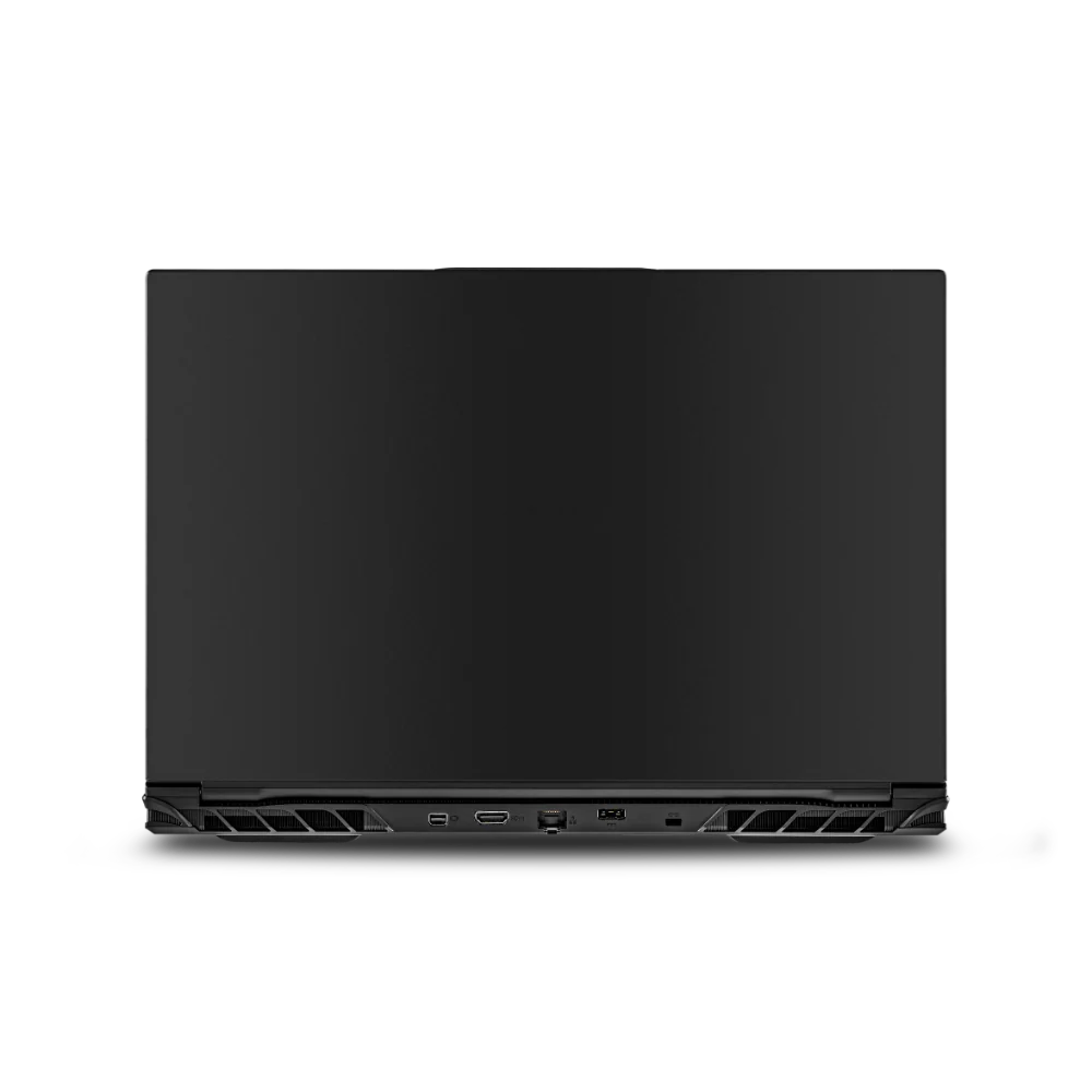 Back view of a closed black laptop showing various ports including USB, HDMI, and Ethernet against a black background.