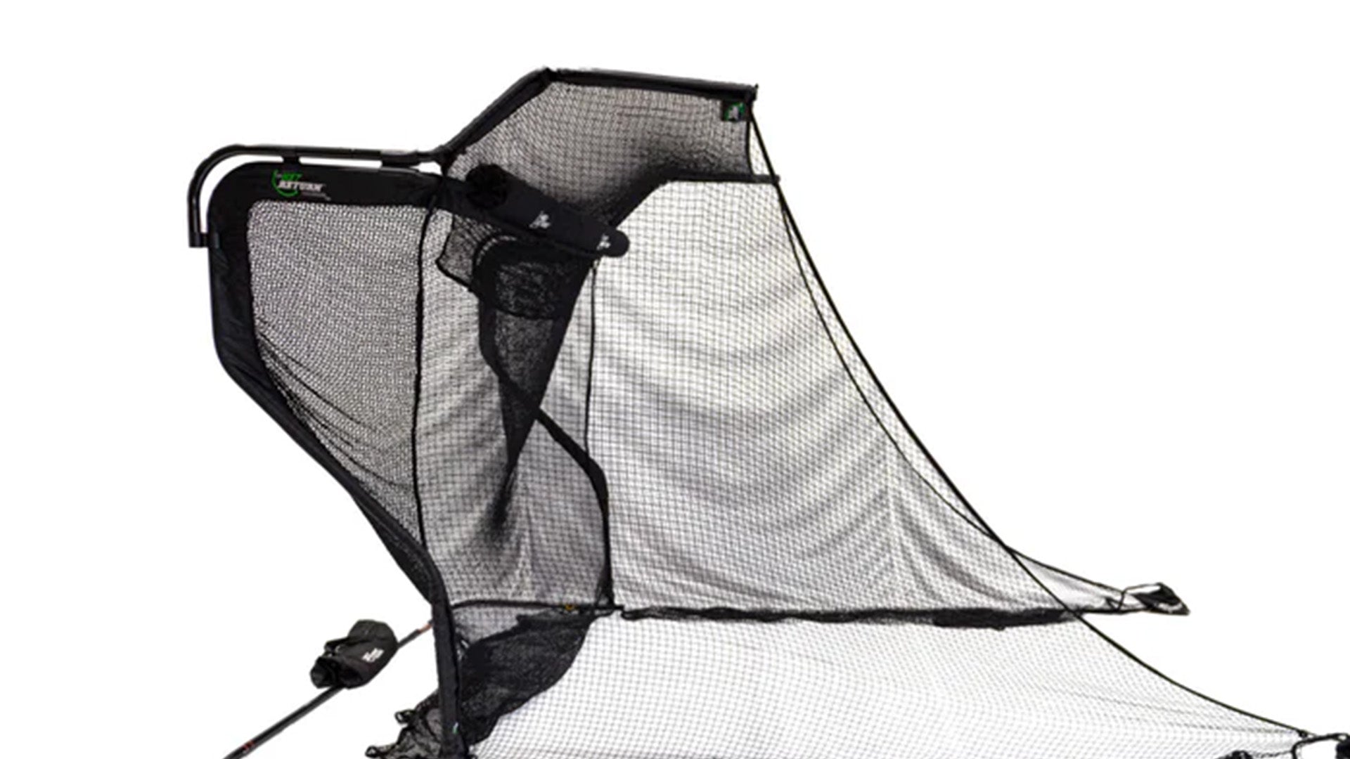 A black golf pitching net with an automatic ball return system, featuring netting and a sturdy frame, angled for easy ball retrieval.