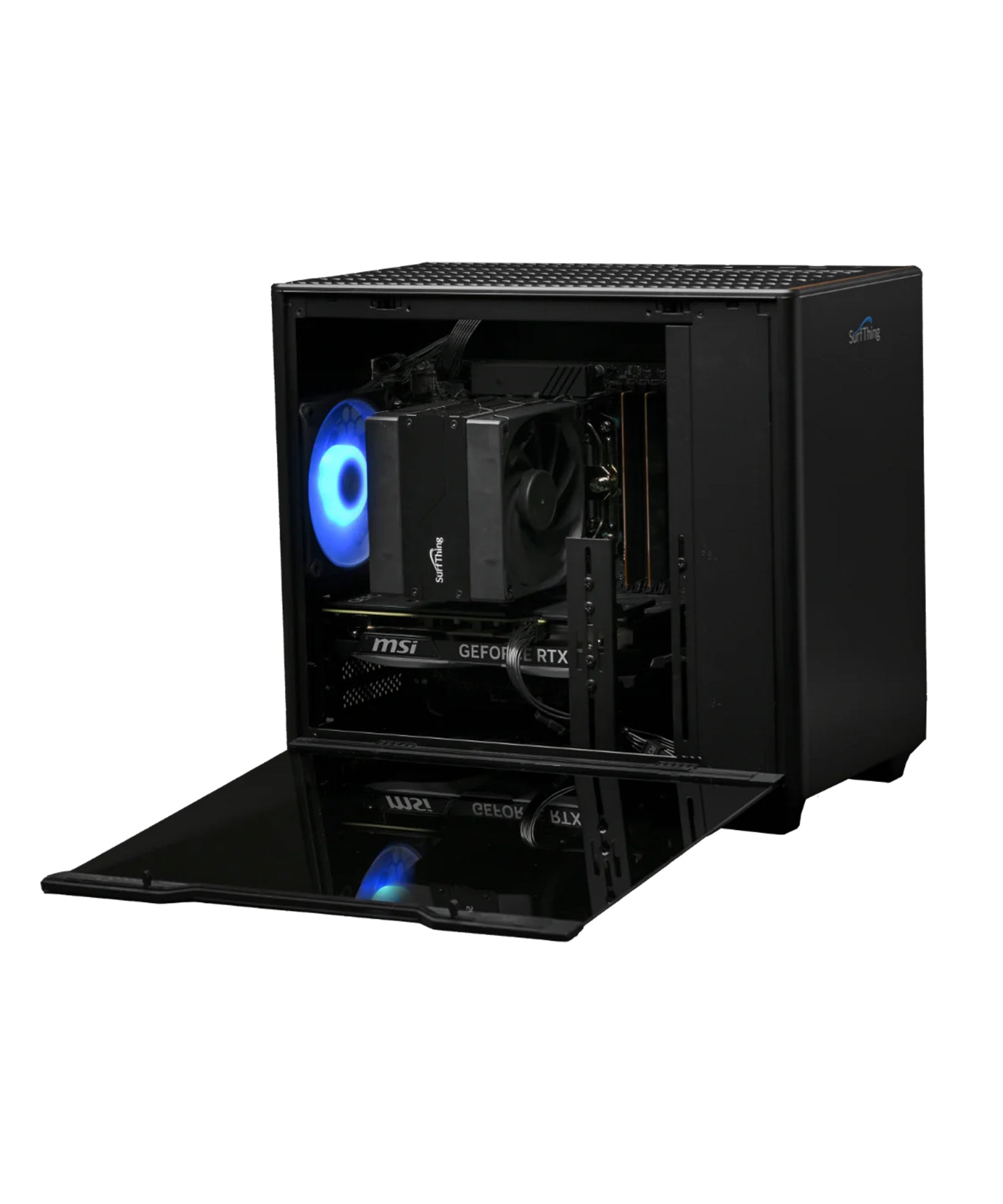 A black gaming PC case with side panel open, showing an RTX graphics card and an illuminated cooling fan.