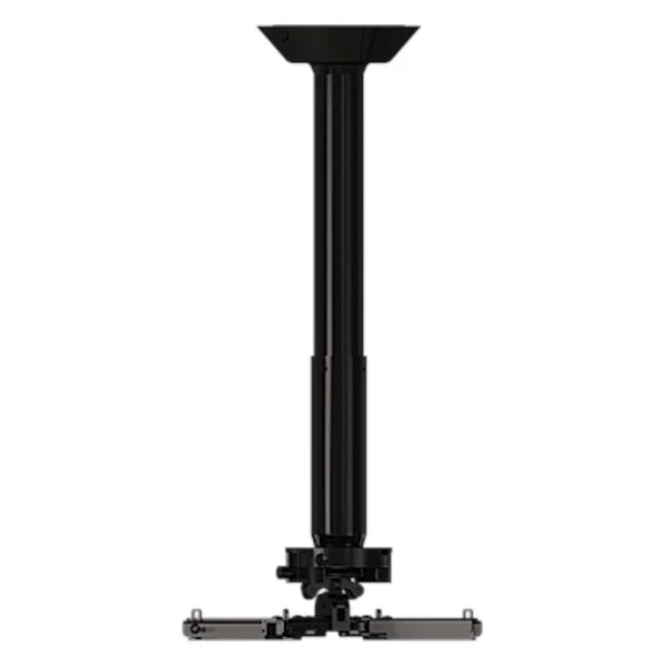 A black ceiling projector mount with adjustable arms and a telescopic pole.