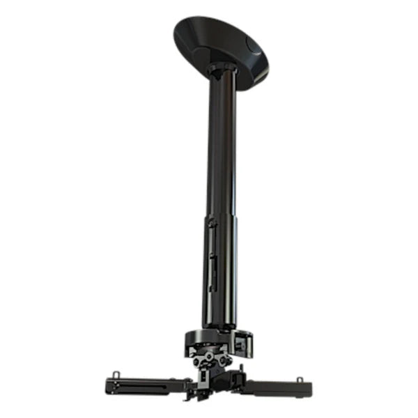 Black ceiling-mounted projector bracket with adjustable arms and height.