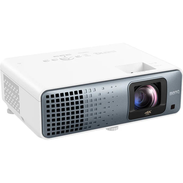 A white BenQ 4K projector with lens and controls on top, angled view.