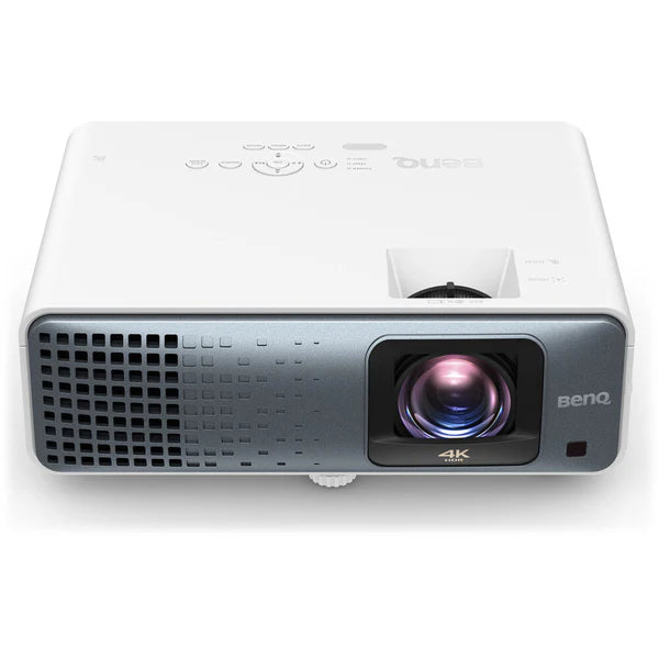 Front view of a white BenQ projector with visible lens and control buttons on top.