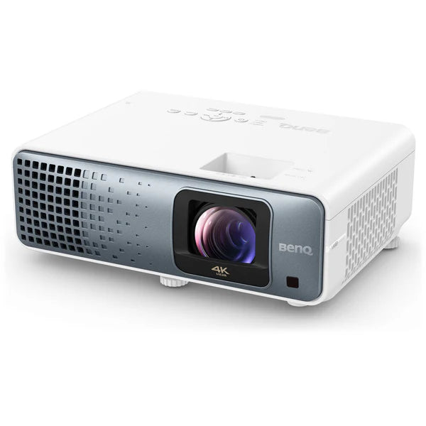 A white BenQ 4K projector with a gray front panel is shown. The lens is visible on the right side of the front face.