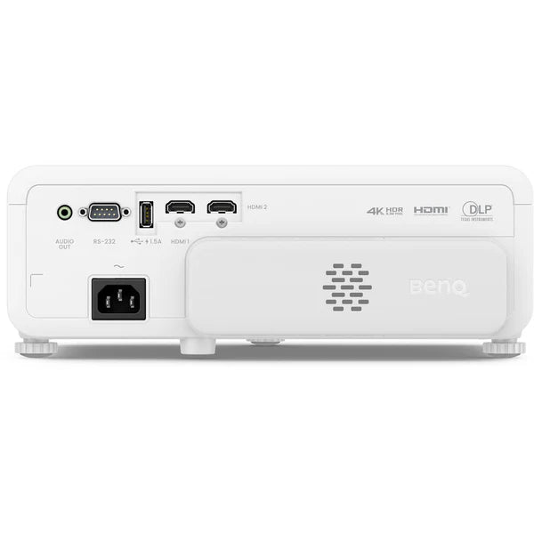 Rear view of a white BenQ projector showing various ports including HDMI, USB, RS-232, and audio out.