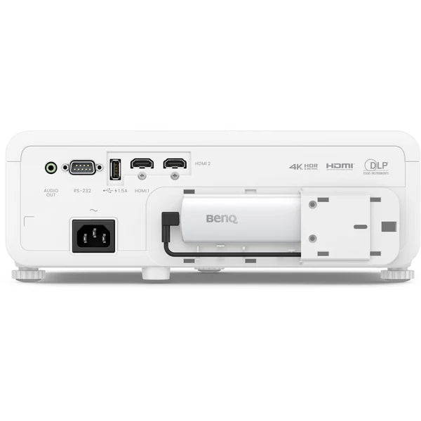 Rear view of a white BenQ projector showing various ports, including HDMI, audio out, USB, and a power socket.