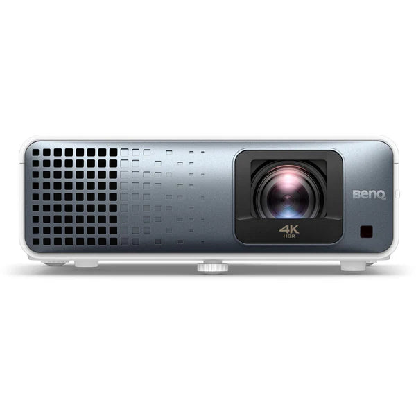 Front view of a BenQ 4K HDR projector with a sleek, rectangular design and a lens on the right side.