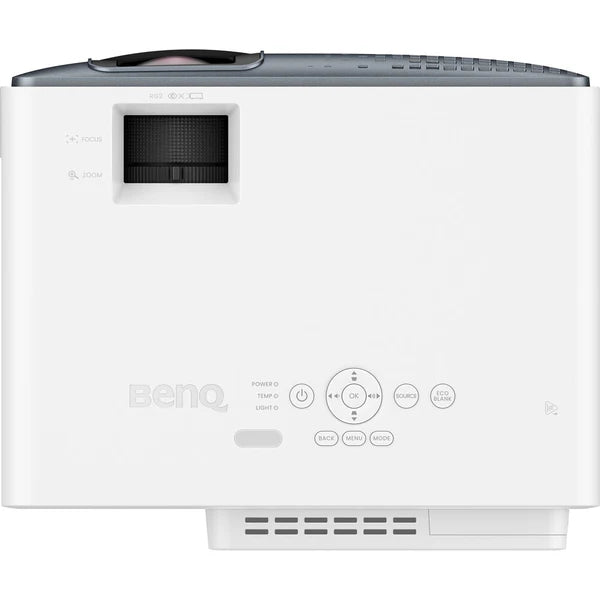 Top view of a white BenQ projector showing the lens, focus and zoom controls, and various buttons on the surface.