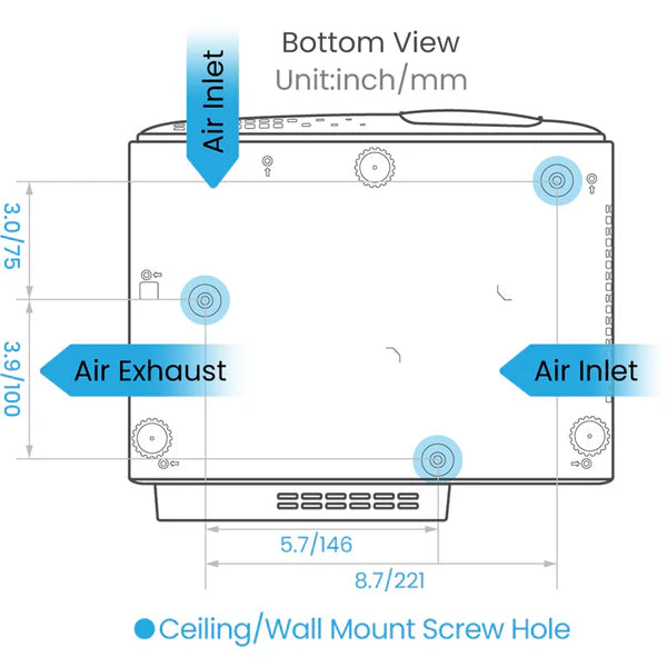 Diagram showing the bottom view of a device with labeled air inlets and air exhaust, dimensions provided in inches and millimeters, and locations for ceiling/wall mount screw holes.