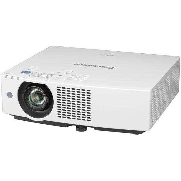 A white Panasonic projector with lens visible, front-side view, on a plain background.