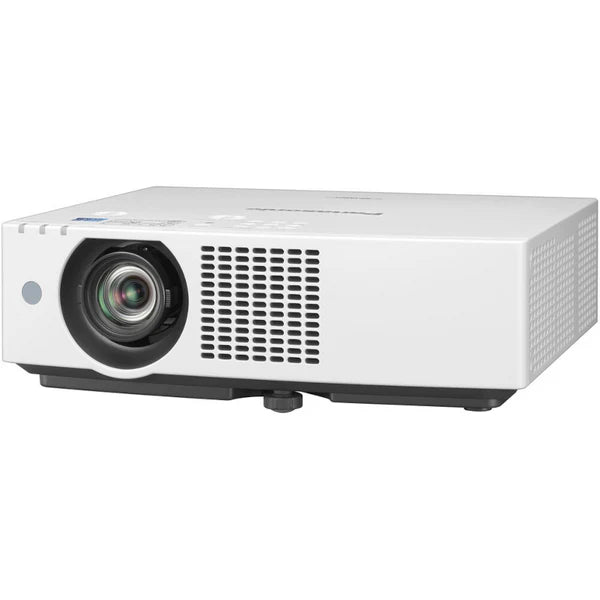 A white projector with a lens on the left side and ventilation grids on the front and side.