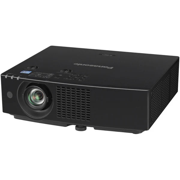 Black Panasonic projector with lens on the left side and ventilation grilles on the front and side.