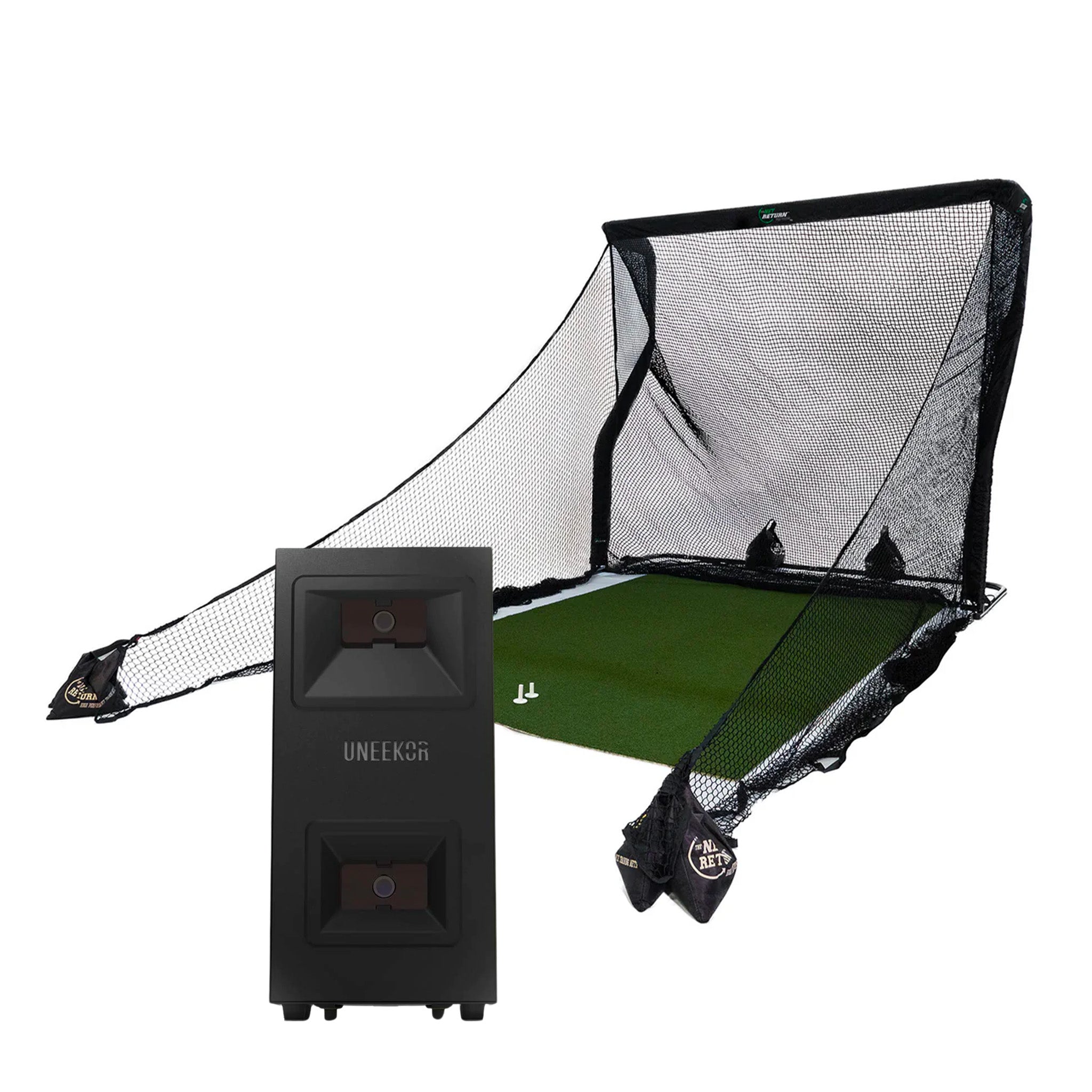 Golf simulator setup with a net, turf mat, and a black electronic device from Uneekor.