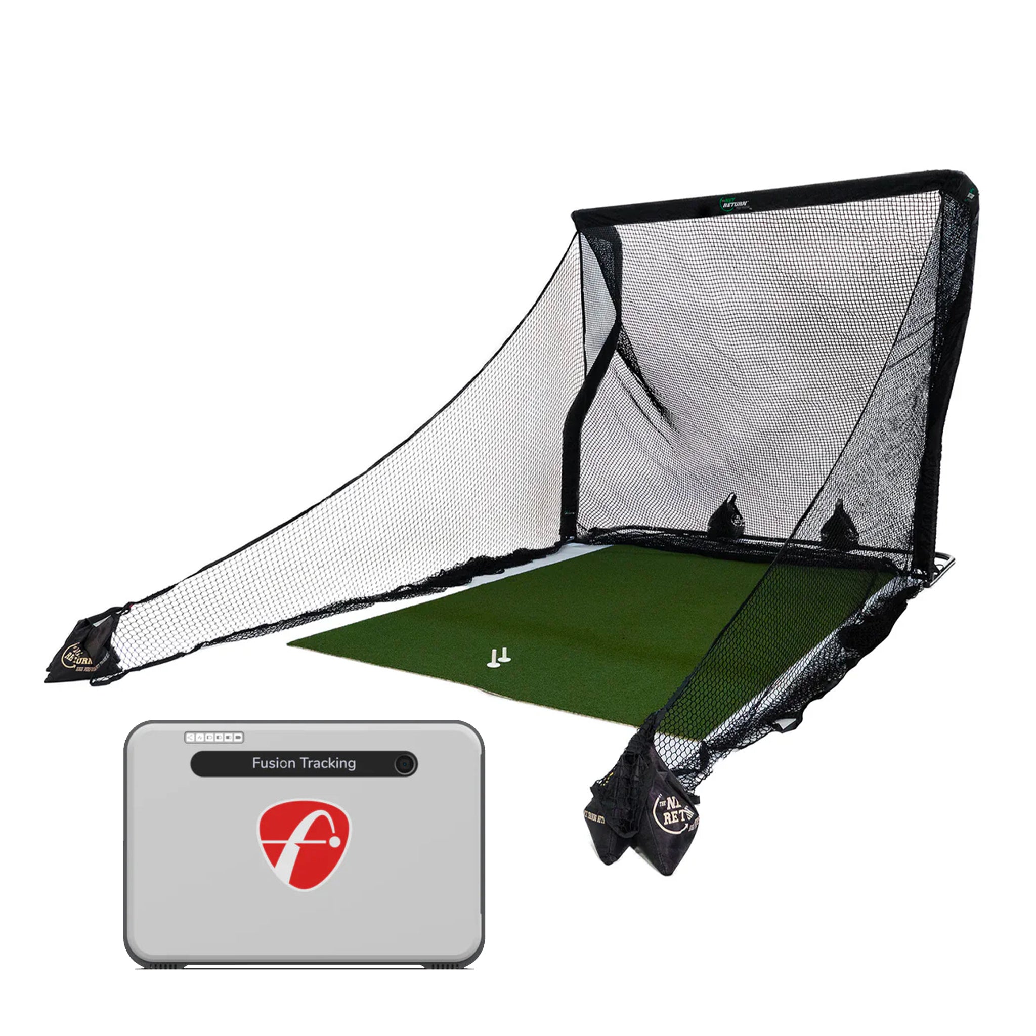 golf practice net and mat setup with a small electronic device labeled "Fusion Tracking.