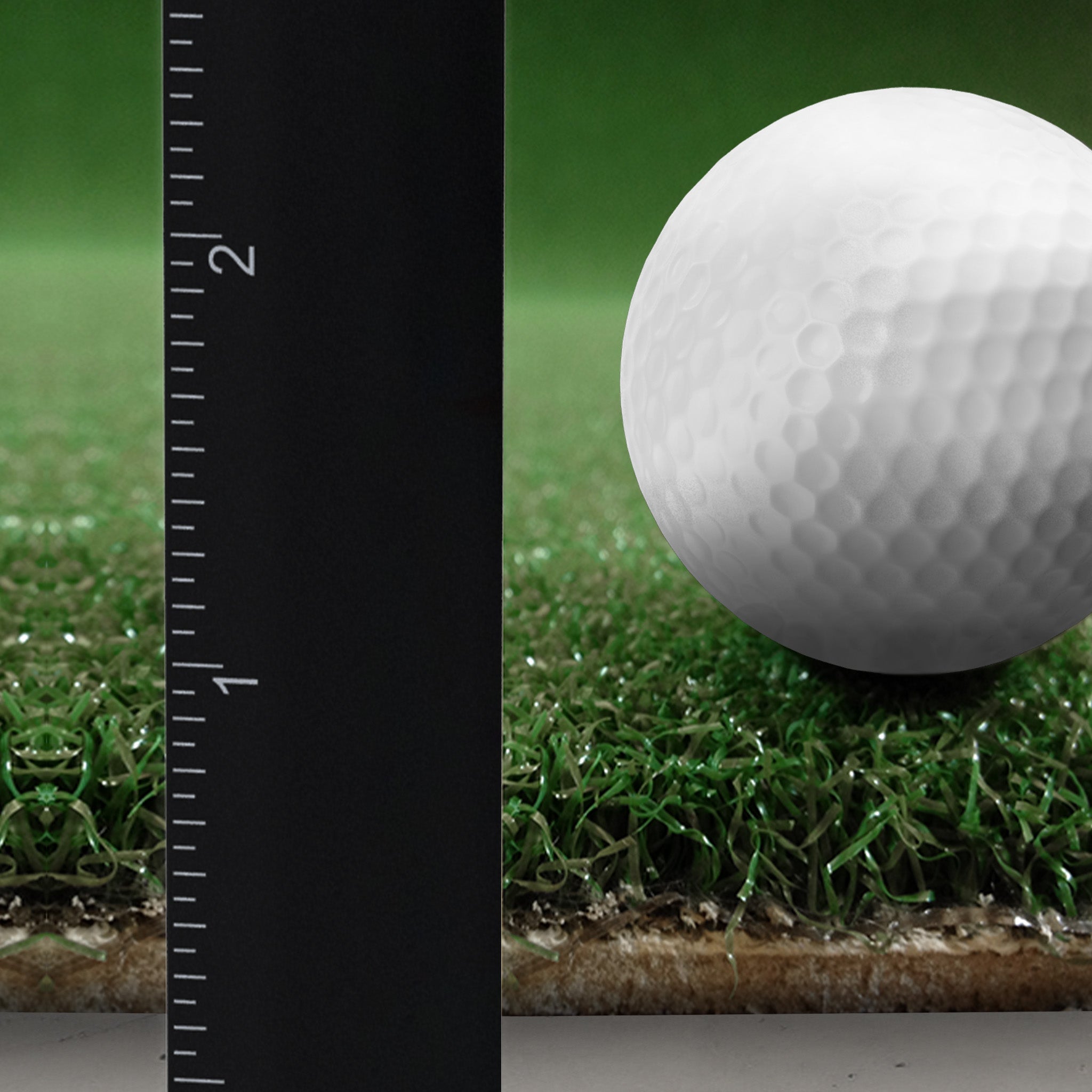 A golf ball sits on artificial grass next to a ruler showing a height of 2 inches.